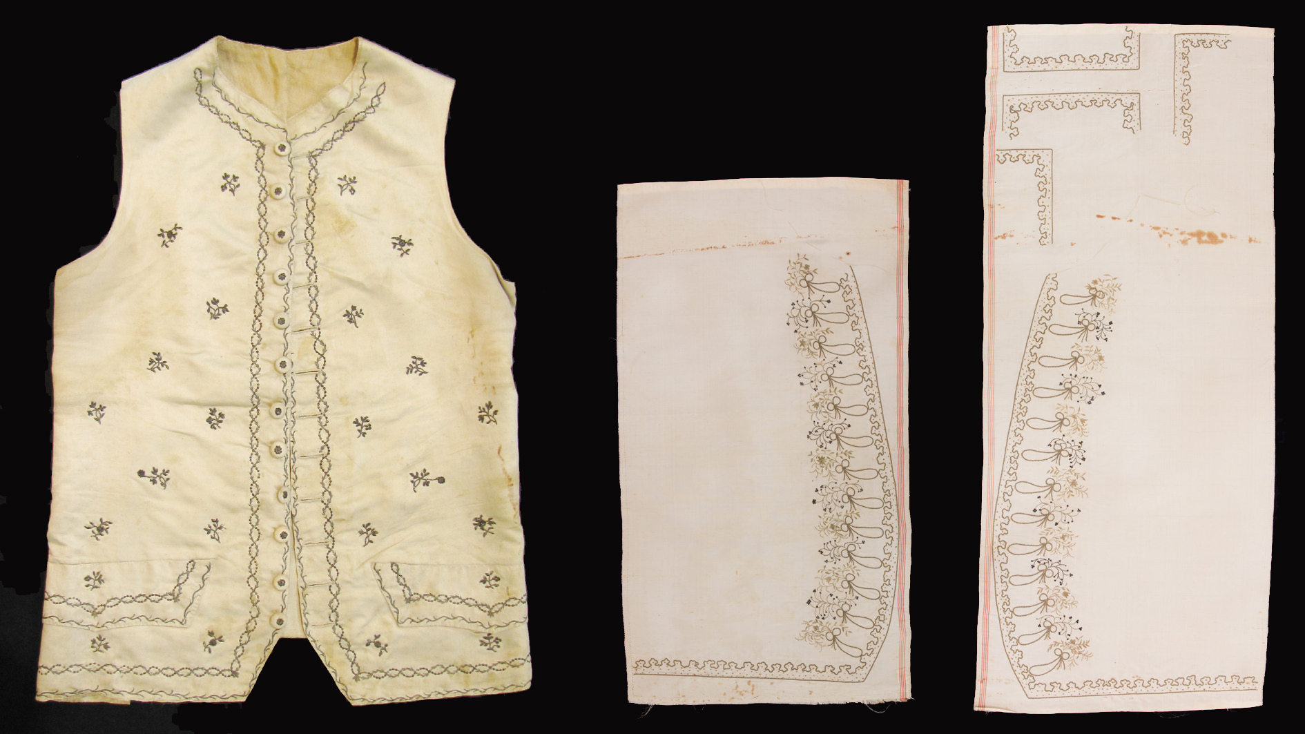 Broderad väst från 1700-talet samt två broderade tygstycken.
