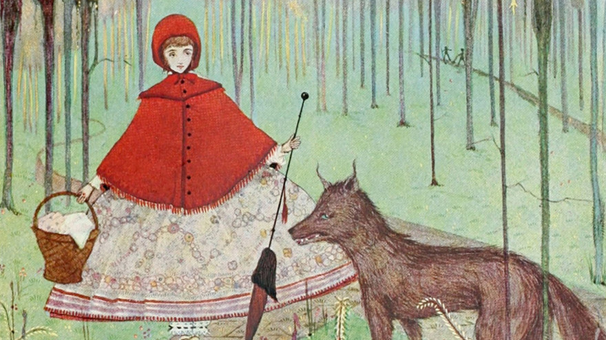 Tecknad rödluvan och vargen