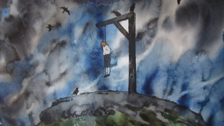 Akvarell med en person som hänger i en galge på en galgkulle mot en dyster himmel. Runtomkring flyger svarta kråkfåglar.