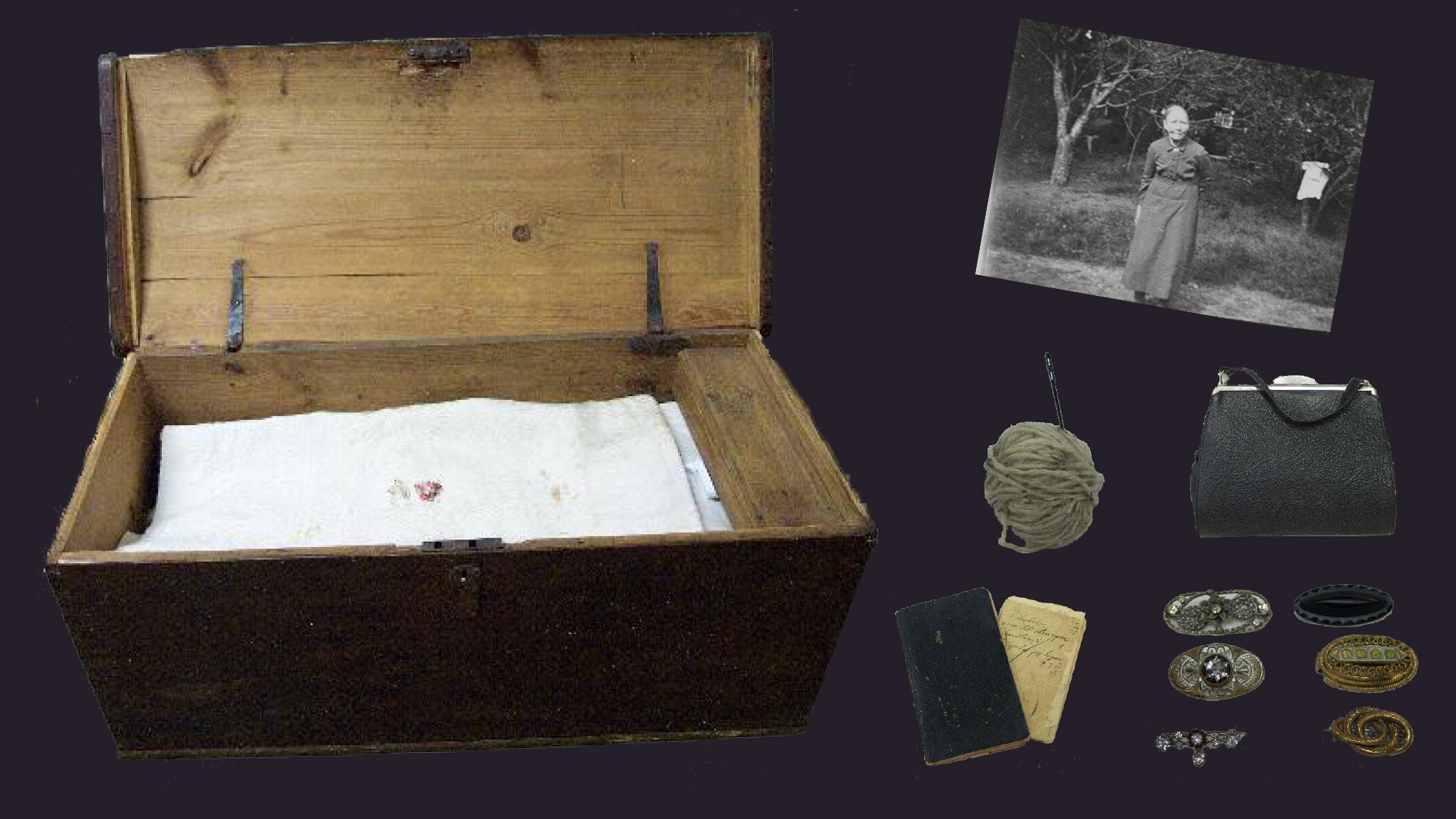 Kista med exempel med vad som fanns i kistan samt ett porträtt av Maria.