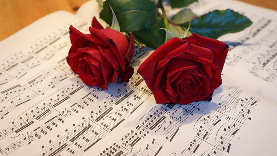 Två röda rosor på ett notblad
