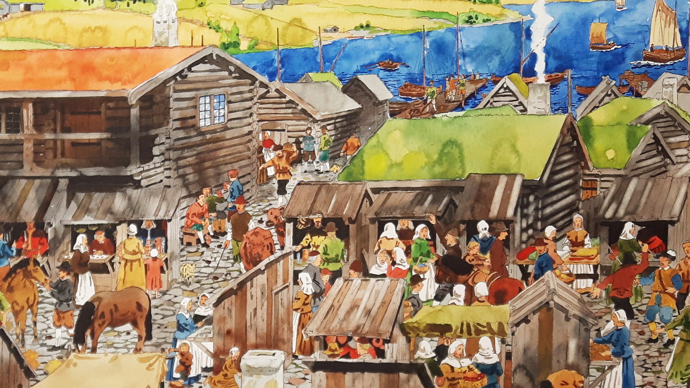 Tecknad bild av stad med trähus med grästak och marknadsbodar, människor och hästar