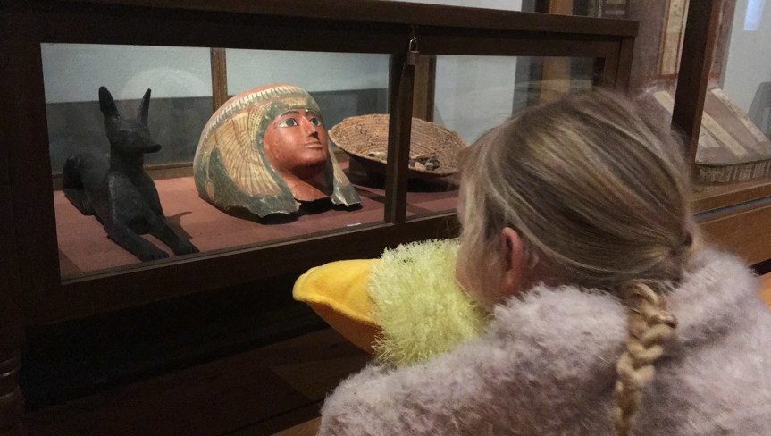 Flicka tittar på saker i en monter.