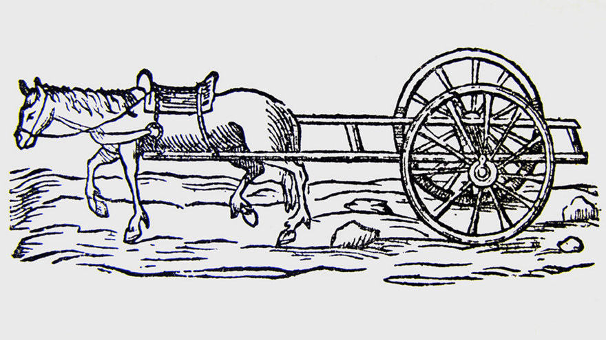 En teckning av en häst som drar en typ av vagn i svartvitt.