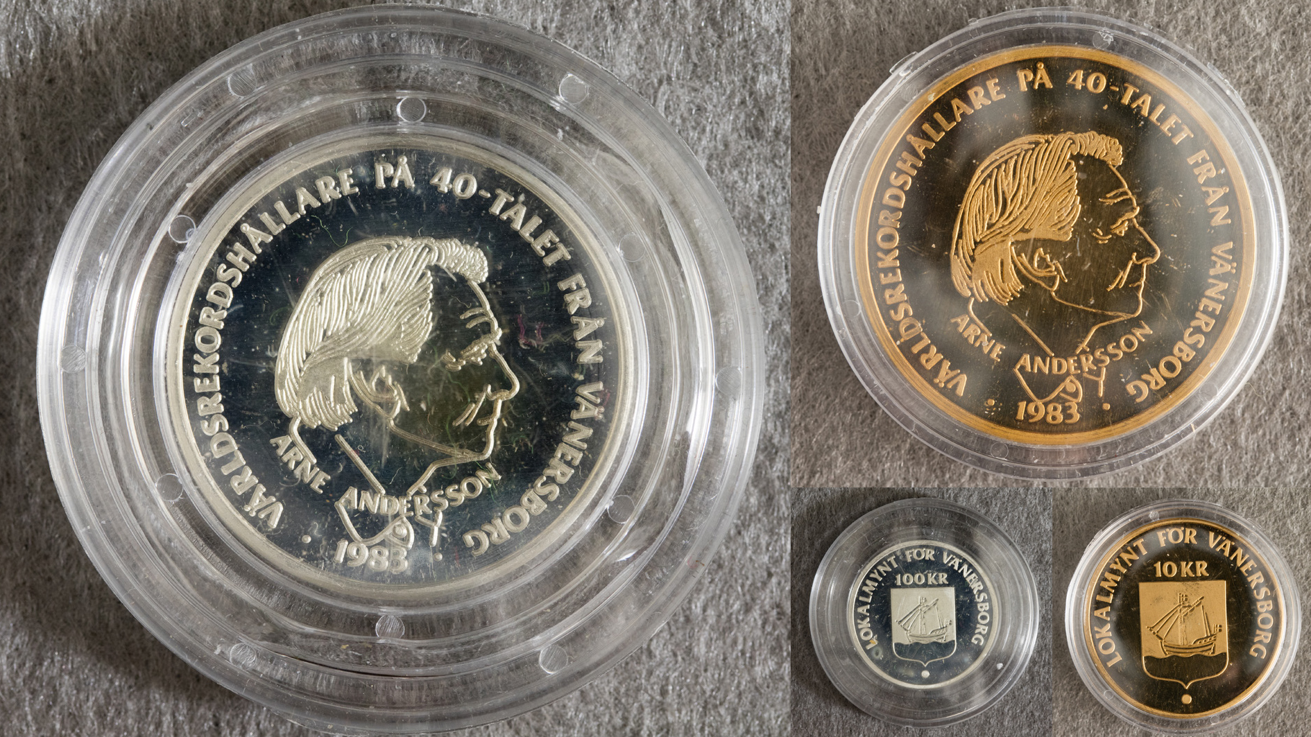 Två olika lokalmynt, fram- och frånsida.