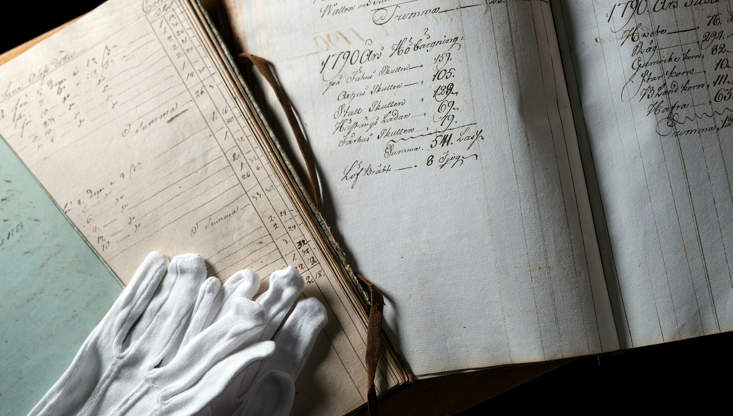 Några exempel på arkiv och ett par vita vantar.