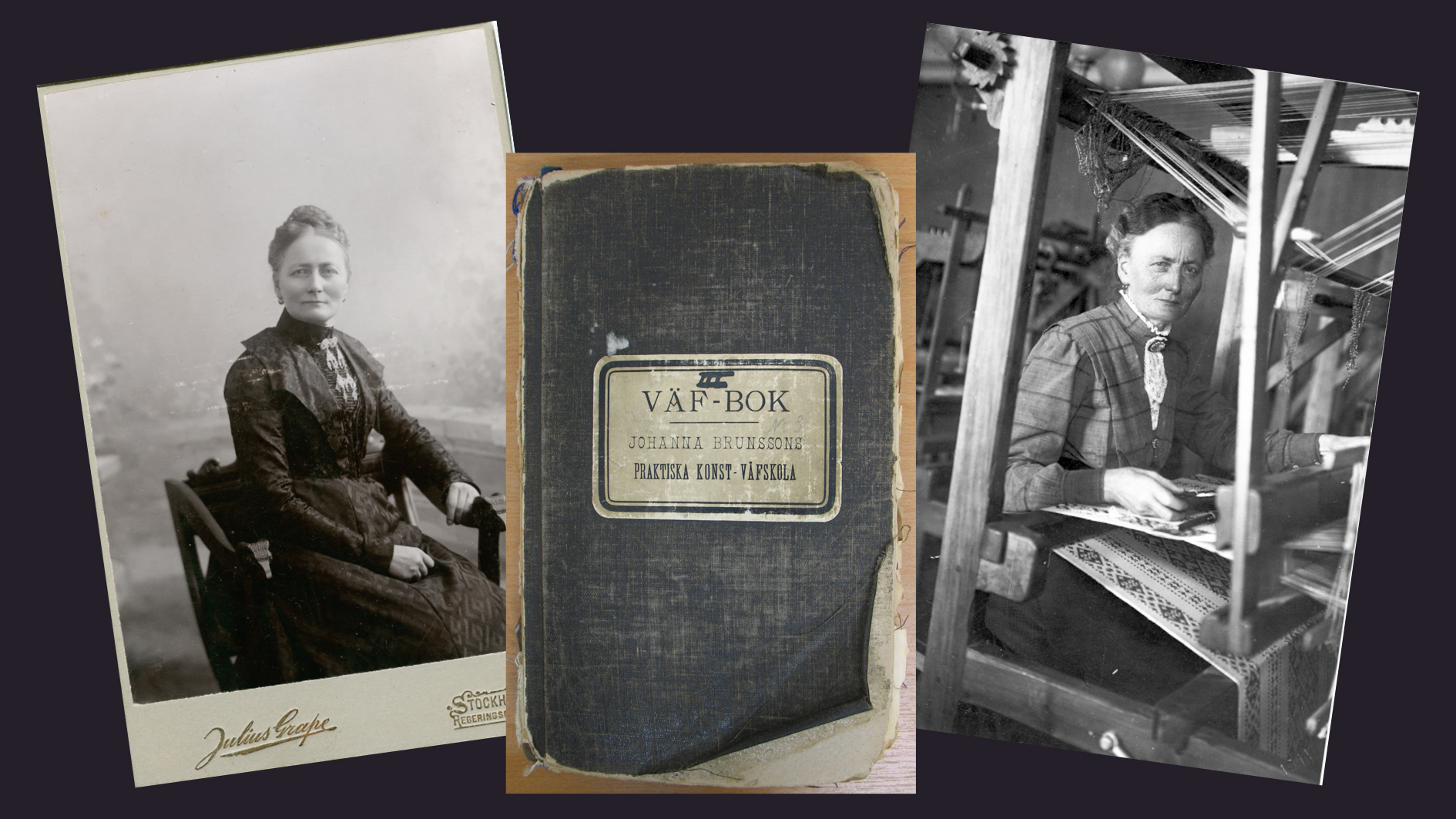 Kollage med fotografier på Johanna och en vävbok.