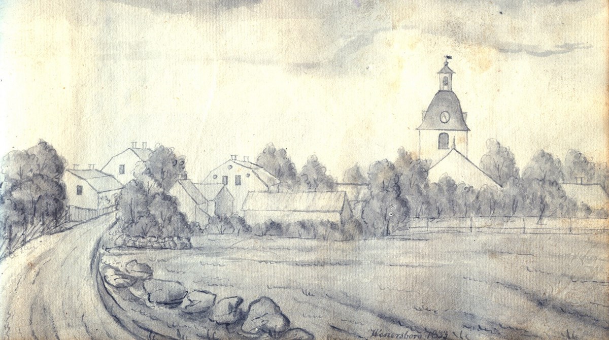 Vänersborgs kyrka tecknad av Thun