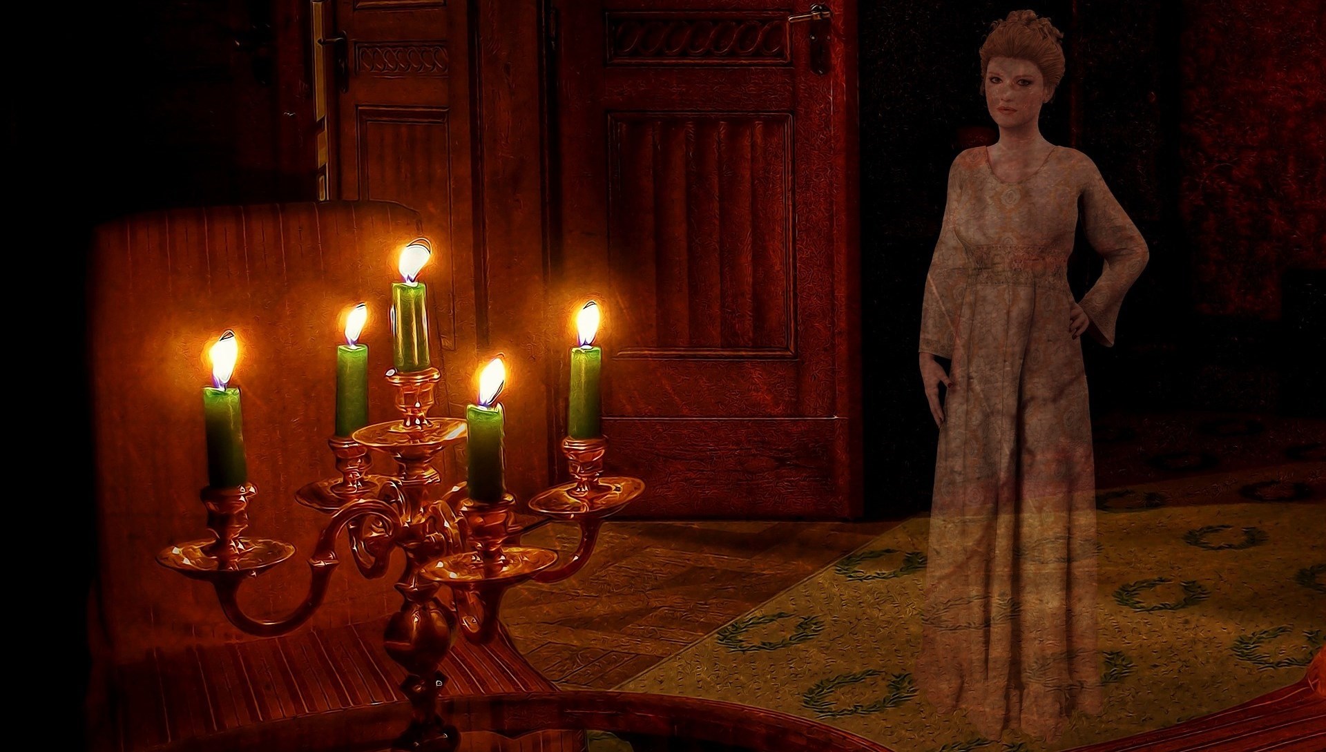 En spökkvinna står i ett rum vid en kandelaber.