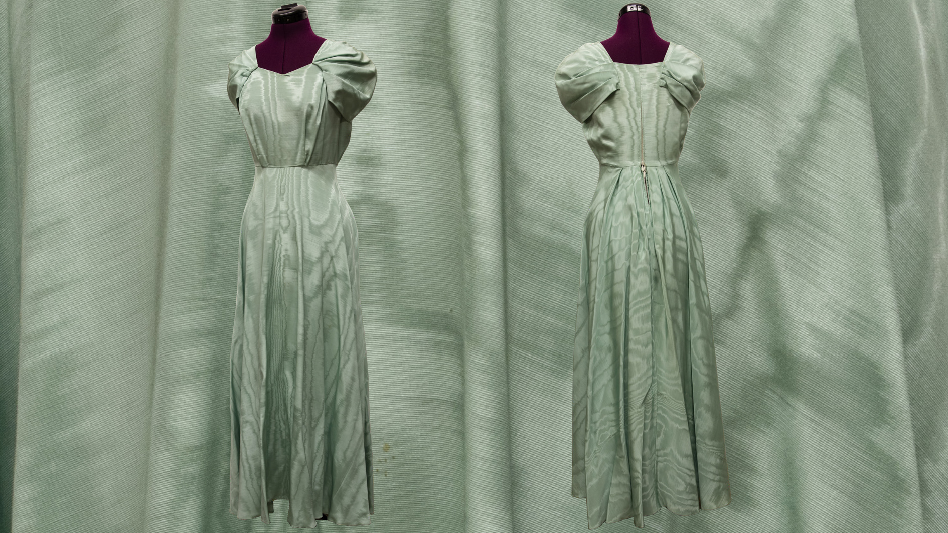 Grön långklänning, fram- och baksida.